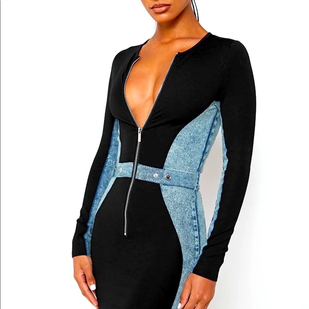 DENIM PANEL BODYCON DRESS - BLACK